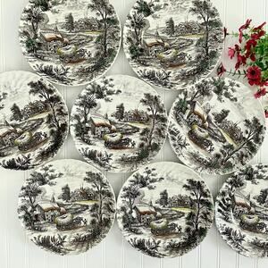 Yorkshire Staffordshire England Ironstone Brown Transferware Dinner Plates x4